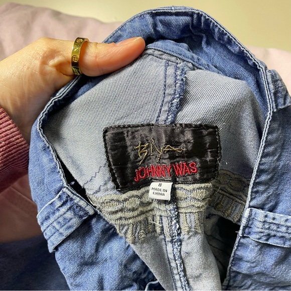 Johnny  Was Biya Aventura Blue Cargo Embroidered Jean Pant Size 8 $435 Wide Leg - Picture 9 of 13